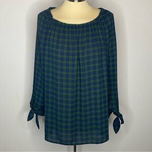 Talbots Tartan Blue and Green Plaid Elastic Neck Blouse